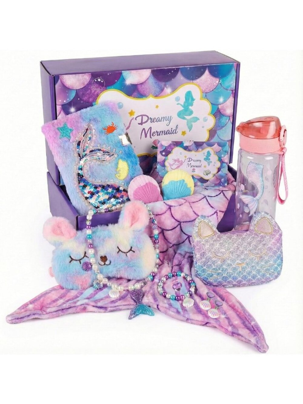Mermaid Gift Set for Girls 4-10 - Blanket, Jewelry, Purse, Water Bottle